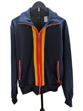 ACE Retro Track Jacket Small Unisex Navy Blue Yellow Red Racing Stripe Full Zip